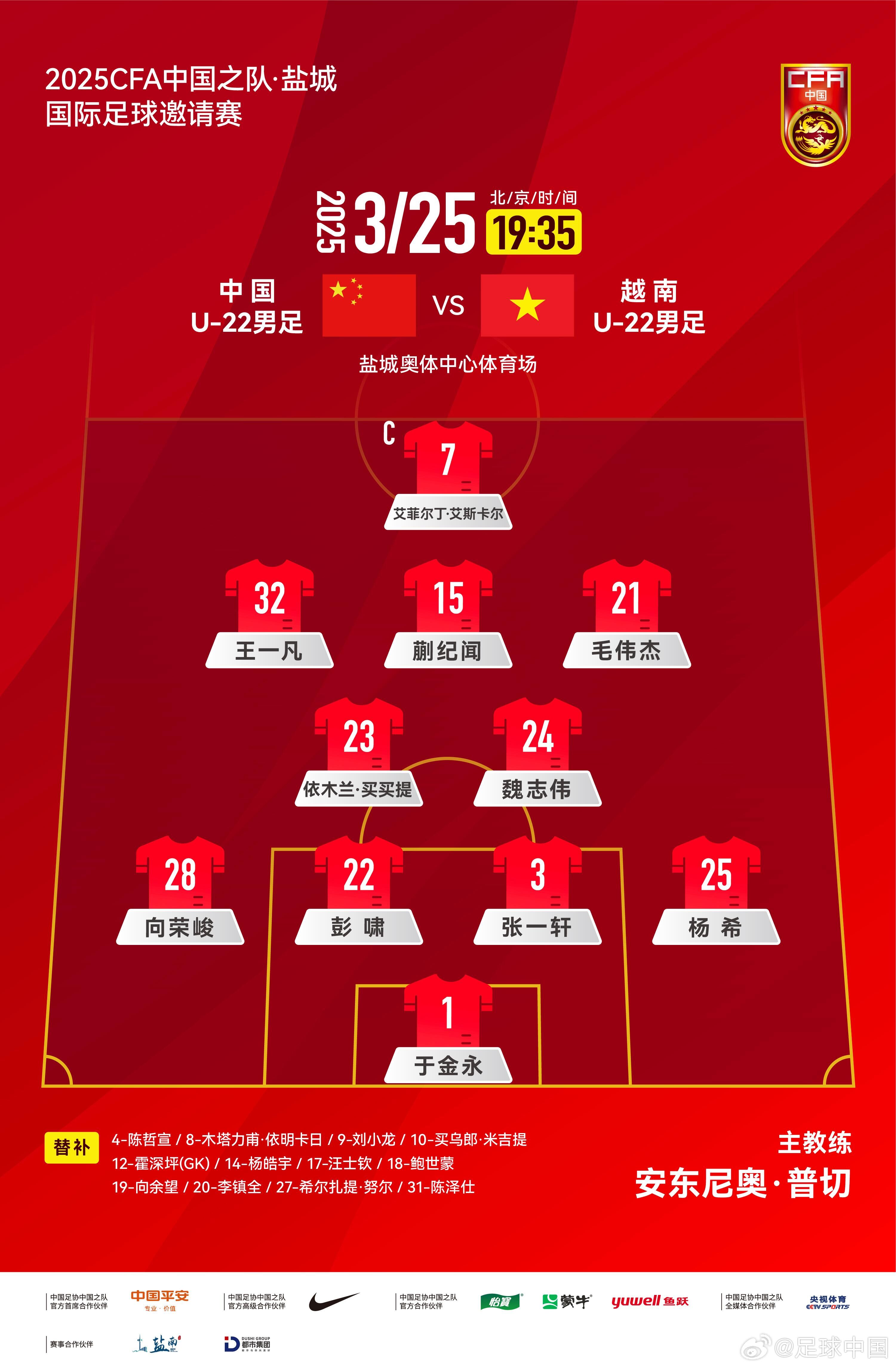 鹽城國際足球邀請(qǐng)賽中國U-22男足vs越南U-22男足，中國隊(duì)首發(fā)陣容